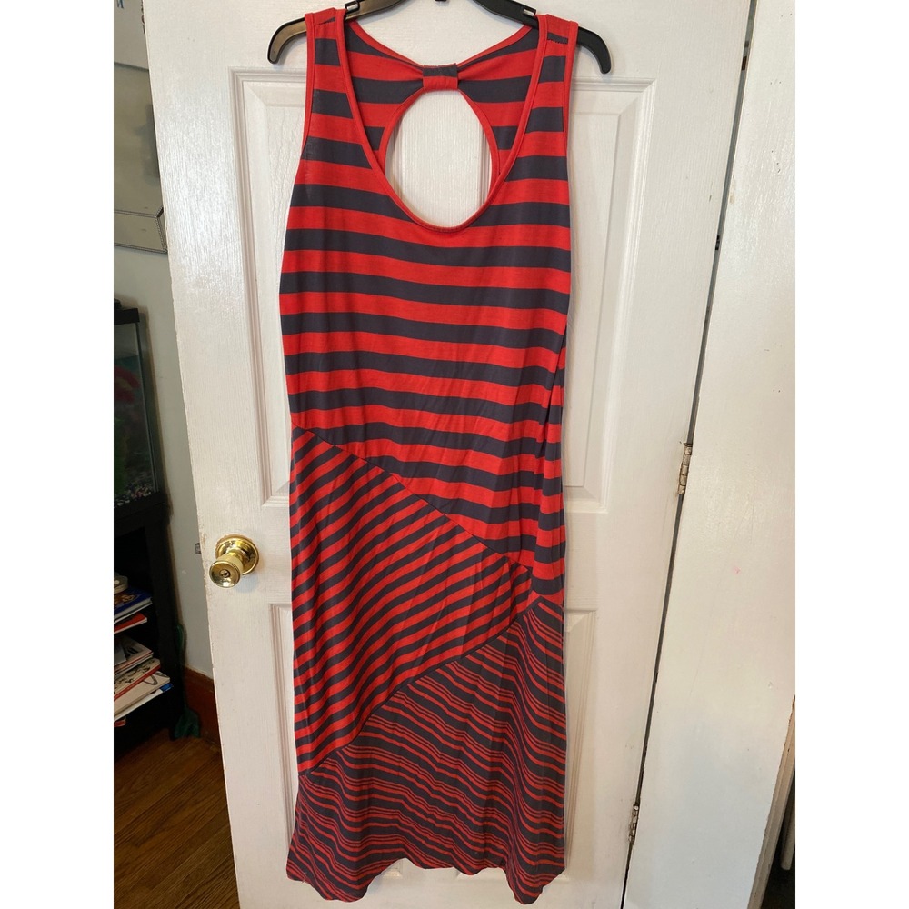 Derek Heart Plus Red Navy Blue Striped Sleeveless Maxi Dress 2X Back Keyhole Bow
